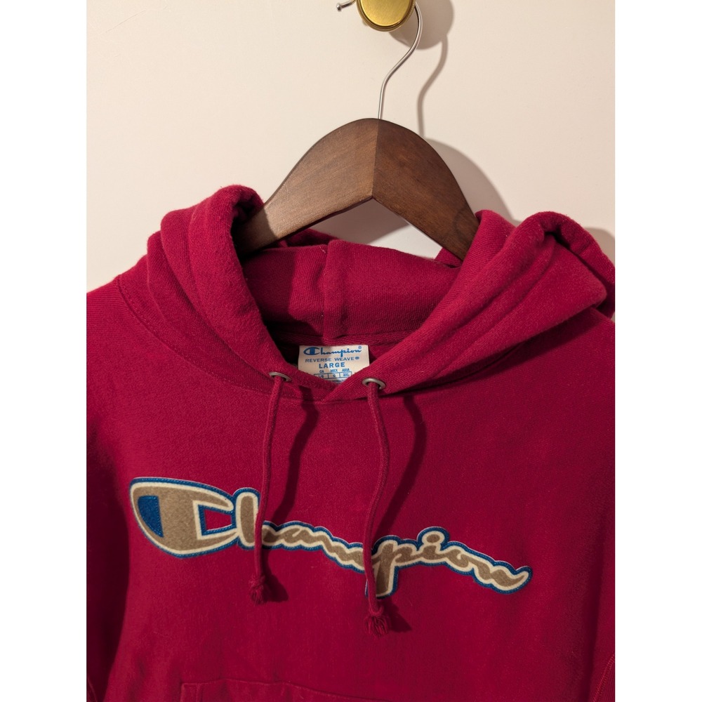 Champion Reverse Weave Hoodie Mens Large Red Chenille Script Logo SEO